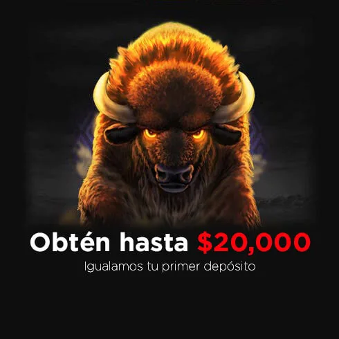 Anuncio de Caliente con un búfalo de ojos encendidos y el texto «Obtén hasta $20,000, igualamos tu primer depósito».
