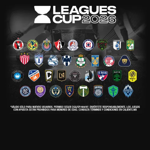 Cartel de la Leagues Cup 2026 en caliente.mx con los escudos de clubes de Liga MX y MLS y una letra chica que cita el permiso SEGOB DGG/SP/404/97.