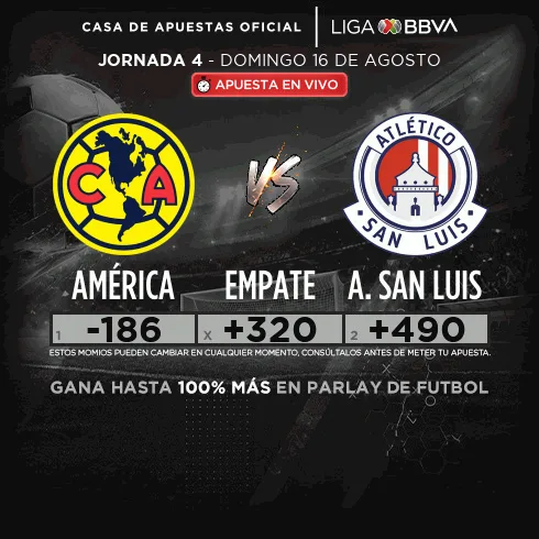Banner de caliente.mx con el sello Casa de Apuestas Oficial de la Liga BBVA MX y los momios América −186, empate +320, Atlético San Luis +490 para la jornada 4.