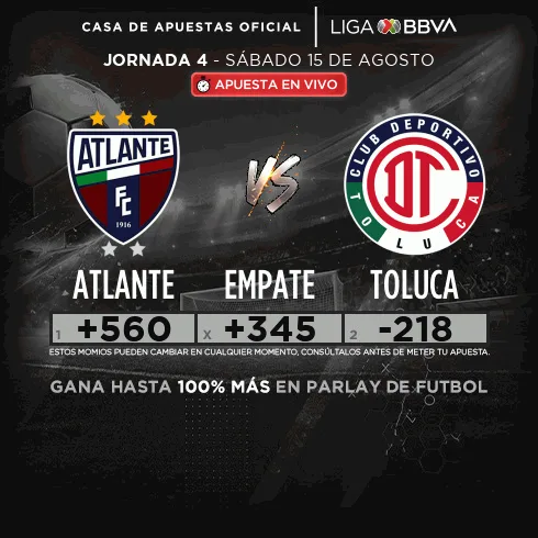 Banner de caliente.mx para la jornada 4 de la Liga BBVA MX: Atlante +560, empate +345, Toluca −218, con el aviso de que los momios pueden cambiar.