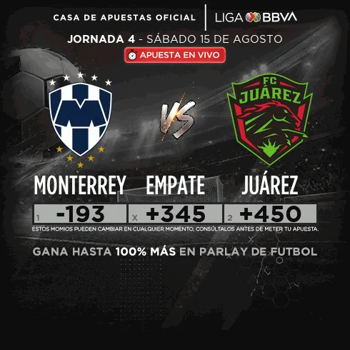 Banner de momios de caliente.mx para Monterrey contra Juárez con cifras −193, +345 y +450.