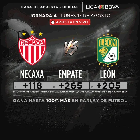 Banner de caliente.mx para Necaxa contra León con momios +118, +265 y +205 y la franja «Gana hasta 100% más en parlay de futbol».