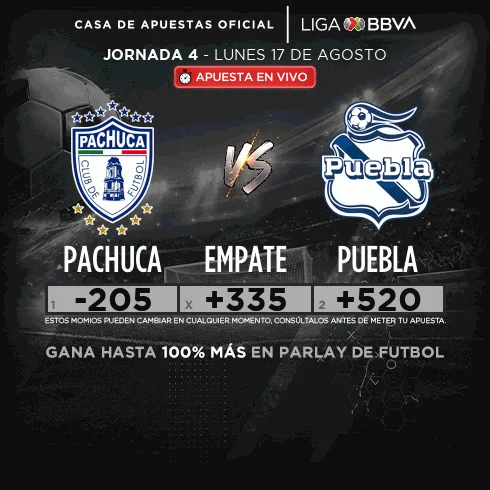 Banner de caliente.mx para Pachuca contra Puebla con la etiqueta roja «Apuesta en vivo» y momios −205, +335 y +520.