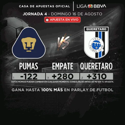 Banner de la jornada 4 en caliente.mx con Pumas −122, empate +280 y Querétaro +310.