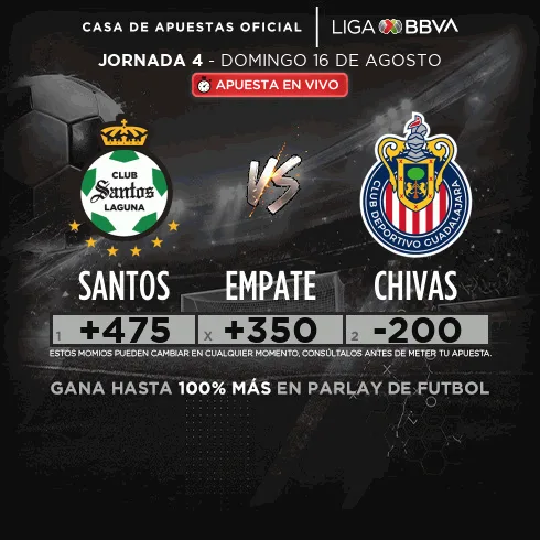 Banner de la jornada 4 con los escudos de Santos y Chivas y momios +475, +350 y −200.