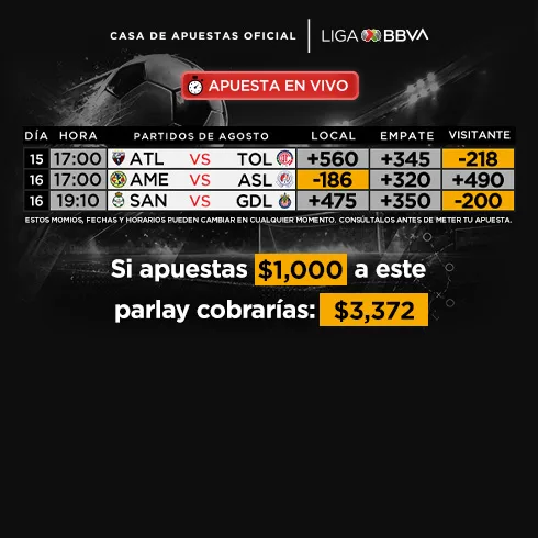 Tabla promocional de caliente.mx con tres partidos de agosto y sus momios, y la frase «Si apuestas $1,000 a este parlay cobrarías $3,372».
