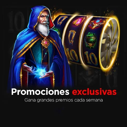 Banner de promociones del casino de Caliente con un mago de túnica azul junto a rodillos de tragamonedas dorados.