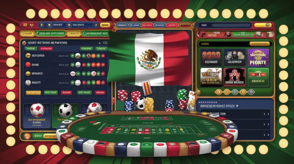 Composición con una mesa de casino, fichas de colores y la bandera mexicana al fondo.