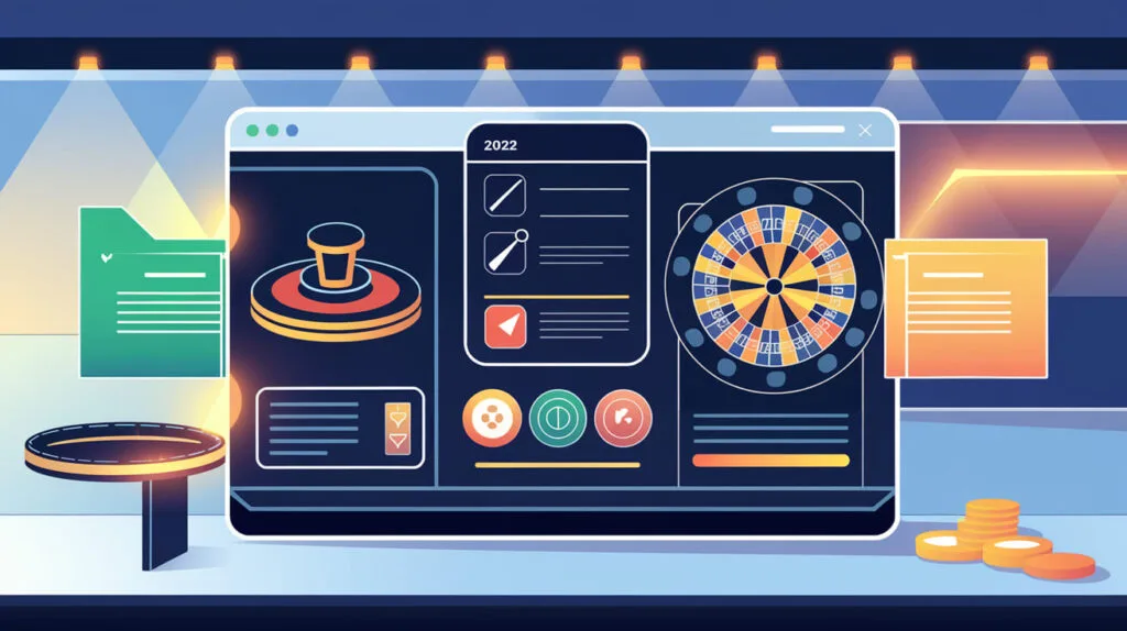 Ilustración plana de una pantalla con una diana, una ruleta y tarjetas de juego alrededor.