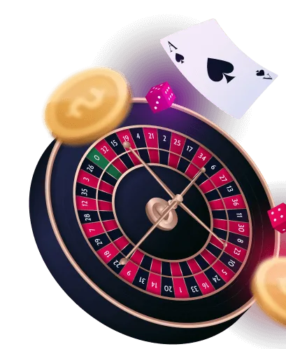 Ilustración de una rueda de ruleta vista en perspectiva con cartas y monedas suspendidas.