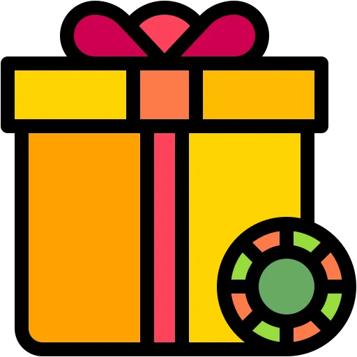 Dibujo de una caja de regalo amarilla con moño rojo junto a una ficha de casino.